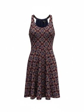Express Navy and Burgundy Printed Midi Fit-and-Flare Dress